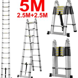 Scară telescopică cu stabilizator. Ideală pentru acces la mansardă, curățarea ferestrelor, vopsirea și decorarea interioară și exterioară, etc. Are un design compact pentro depozitare ușoară. Construcție din aluminiu, ușoară și portabilă. Pentru pliere se apasă două butoane și se închide treaptă cu treaptă.