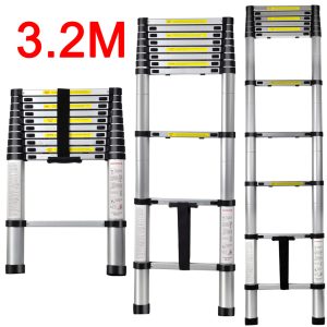 Scară telescopică cu stabilizator. Ideală pentru acces la mansardă, curățarea ferestrelor, vopsirea și decorarea interioară și exterioară, etc. Are un design compact pentro depozitare ușoară. Construcție din aluminiu, ușoară și portabilă. Pentru pliere se apasă două butoane și se închide treaptă cu treaptă.